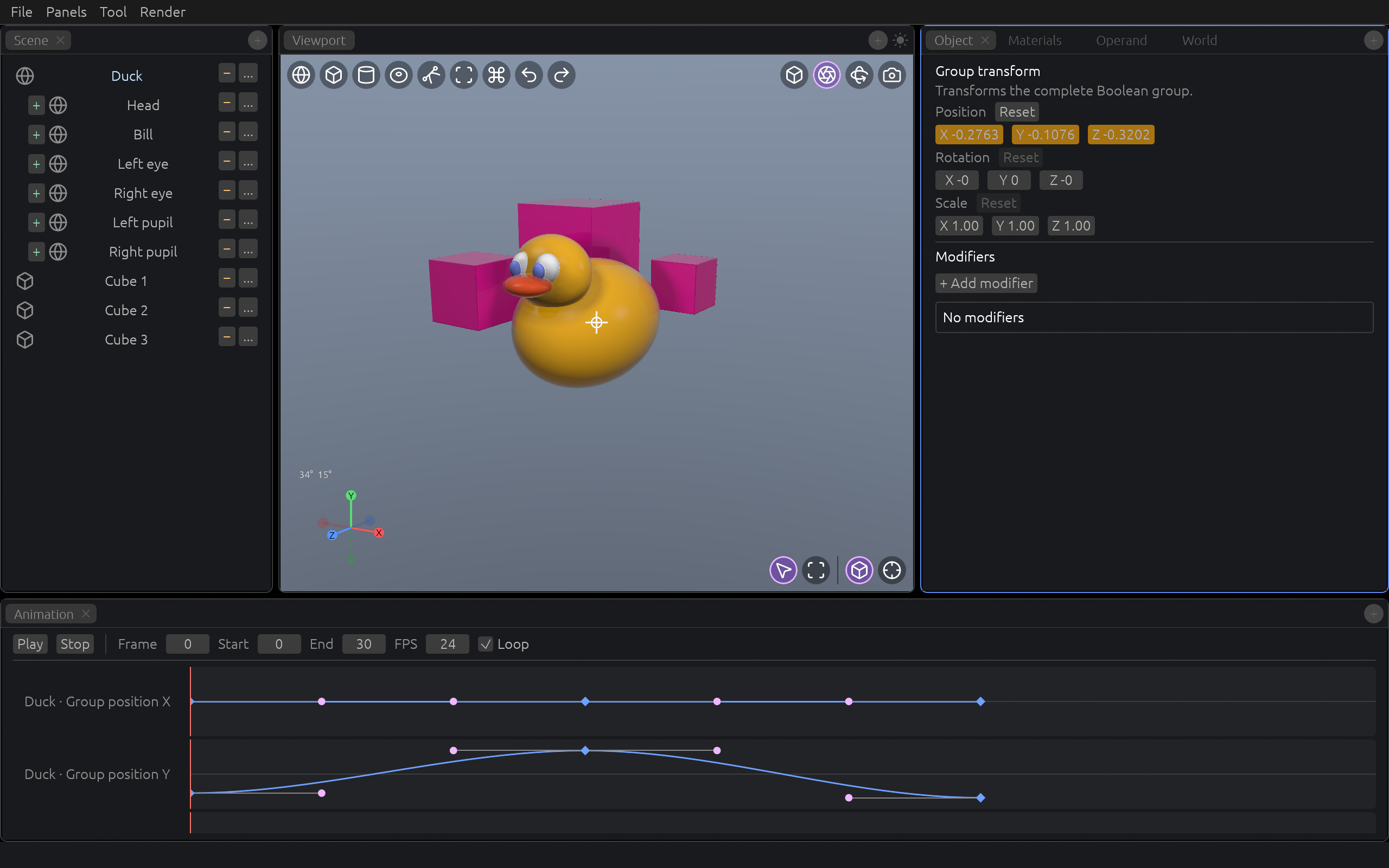 Animation timeline showing a keyframed position track