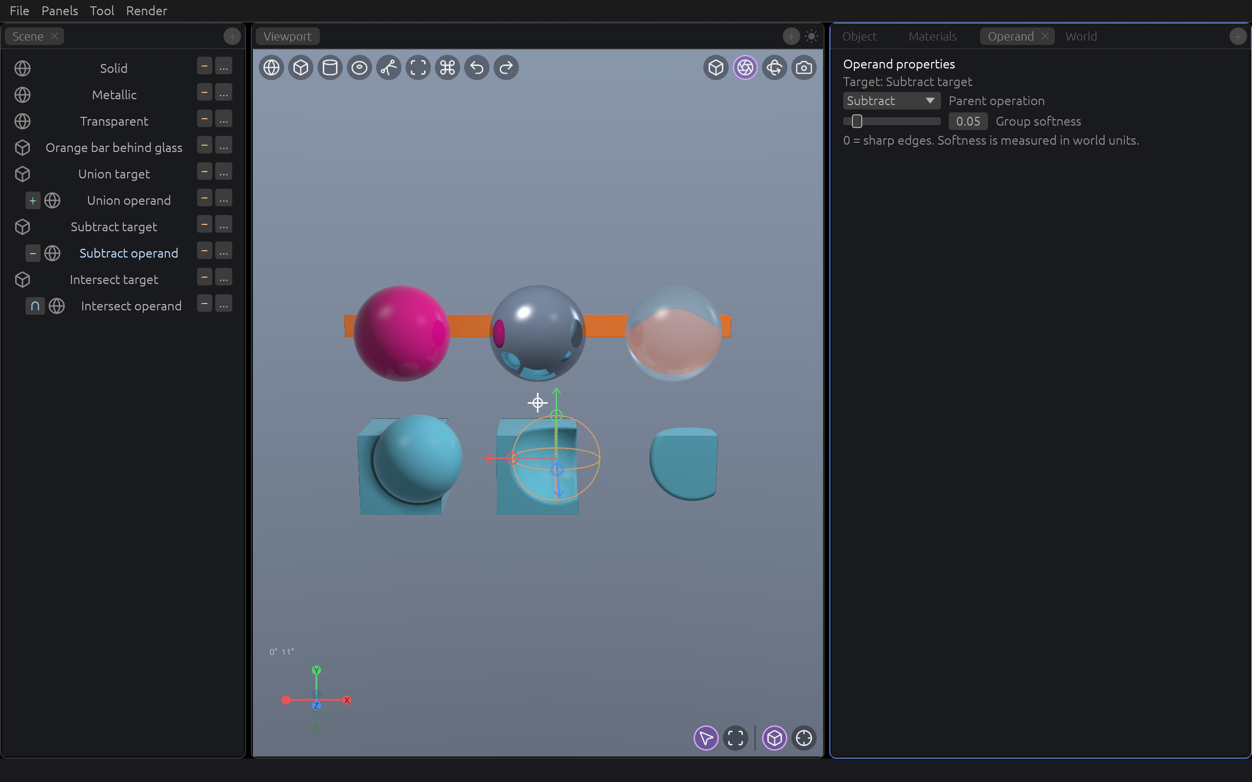 Union, subtraction, and intersection examples in the viewport