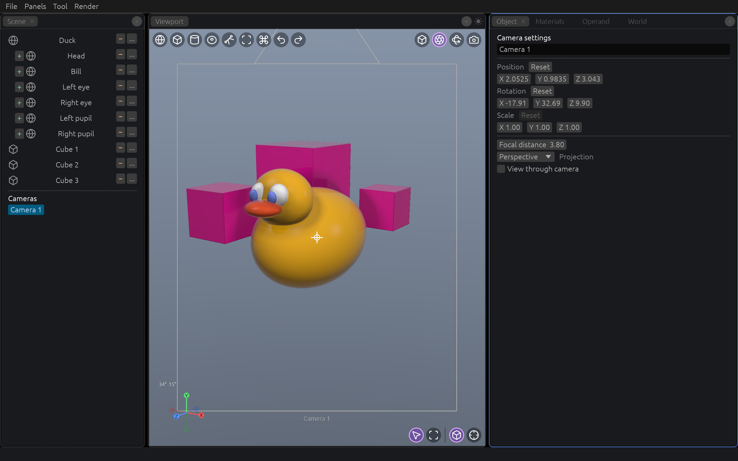 Selected camera object and its transform and projection settings