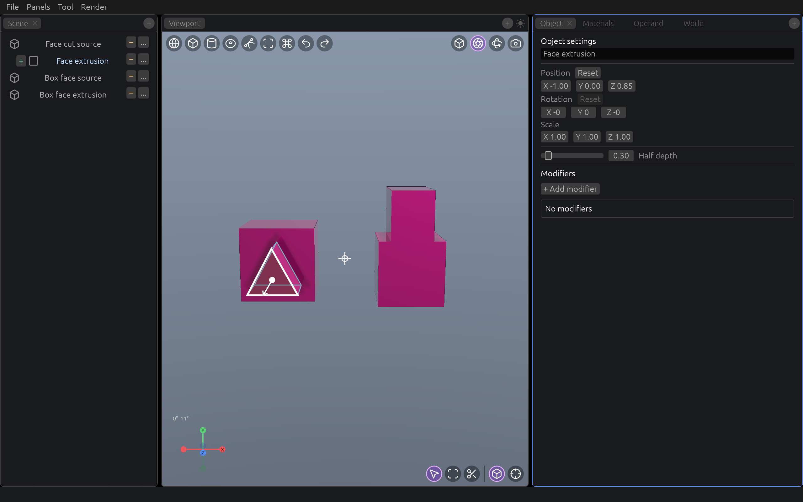 A polygon extruded from a box face alongside a box face extrusion, with the selected polygon cap outlined