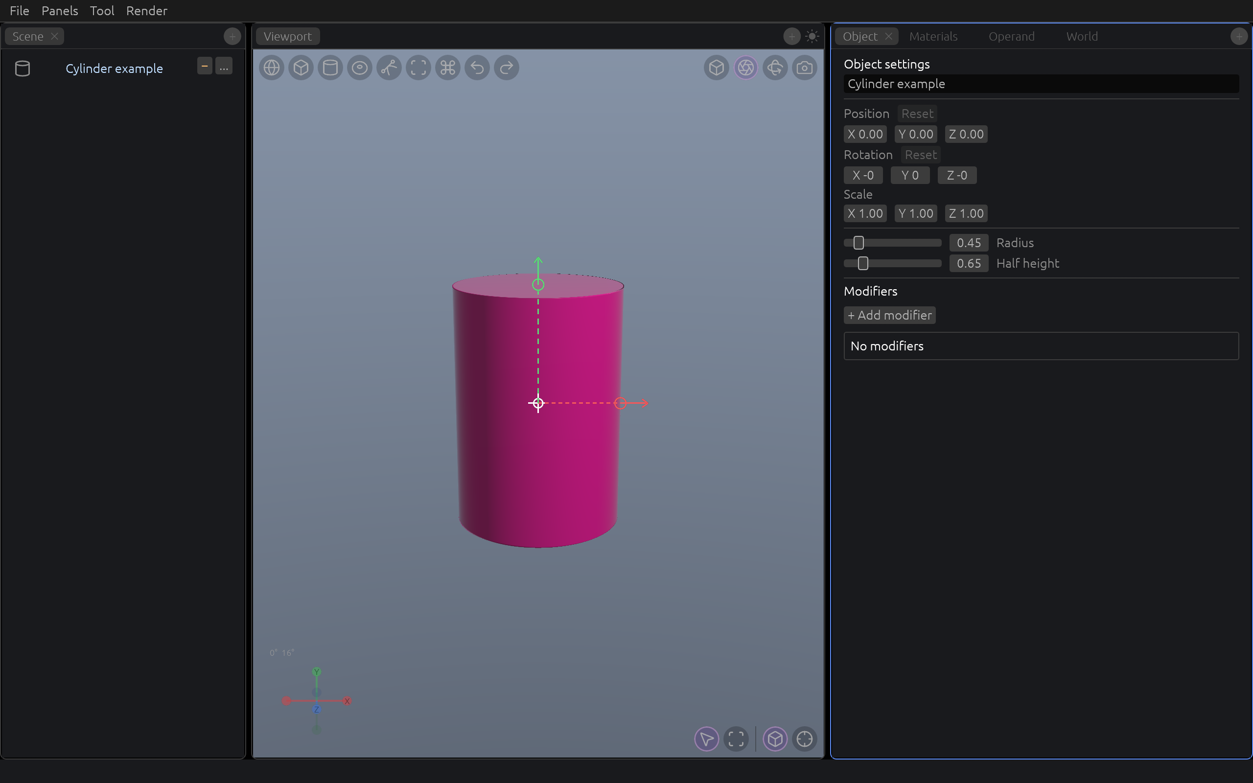 Selected cylinder showing transform controls, shape handles, and the orientation gizmo