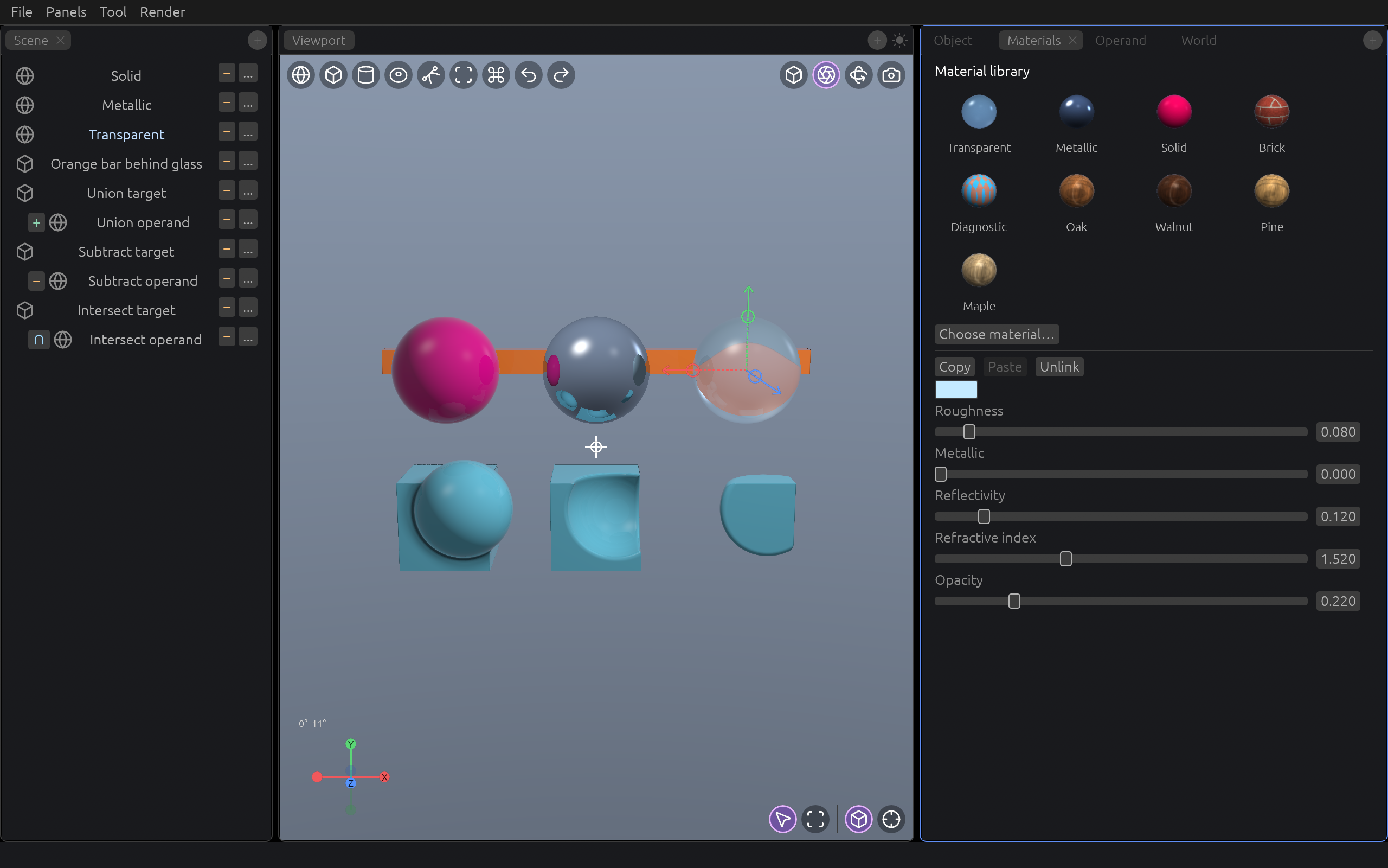 Materials tab with presets and settings for a selected transparent sphere