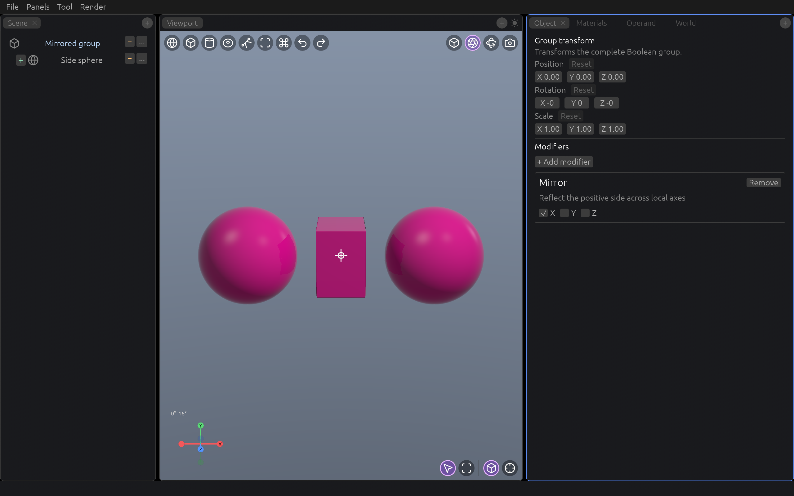 A mirrored Boolean group with matching side spheres and X, Y, and Z axis controls in the Object tab