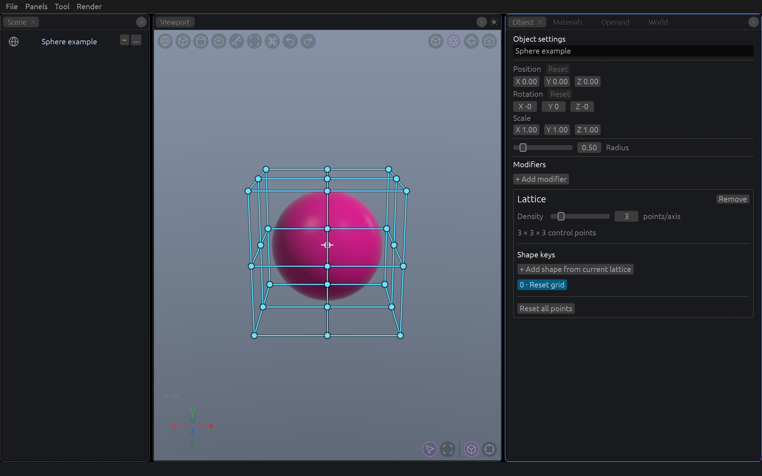 Selected lattice cage around a sphere and modifier controls
