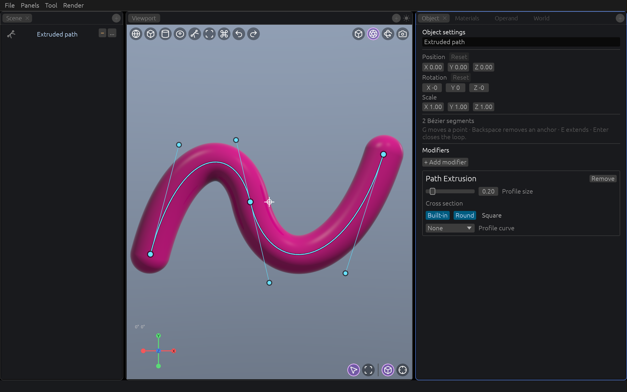 Selected Bézier curve swept into a round solid, with its control points in the viewport and Path Extrusion settings in the Object tab