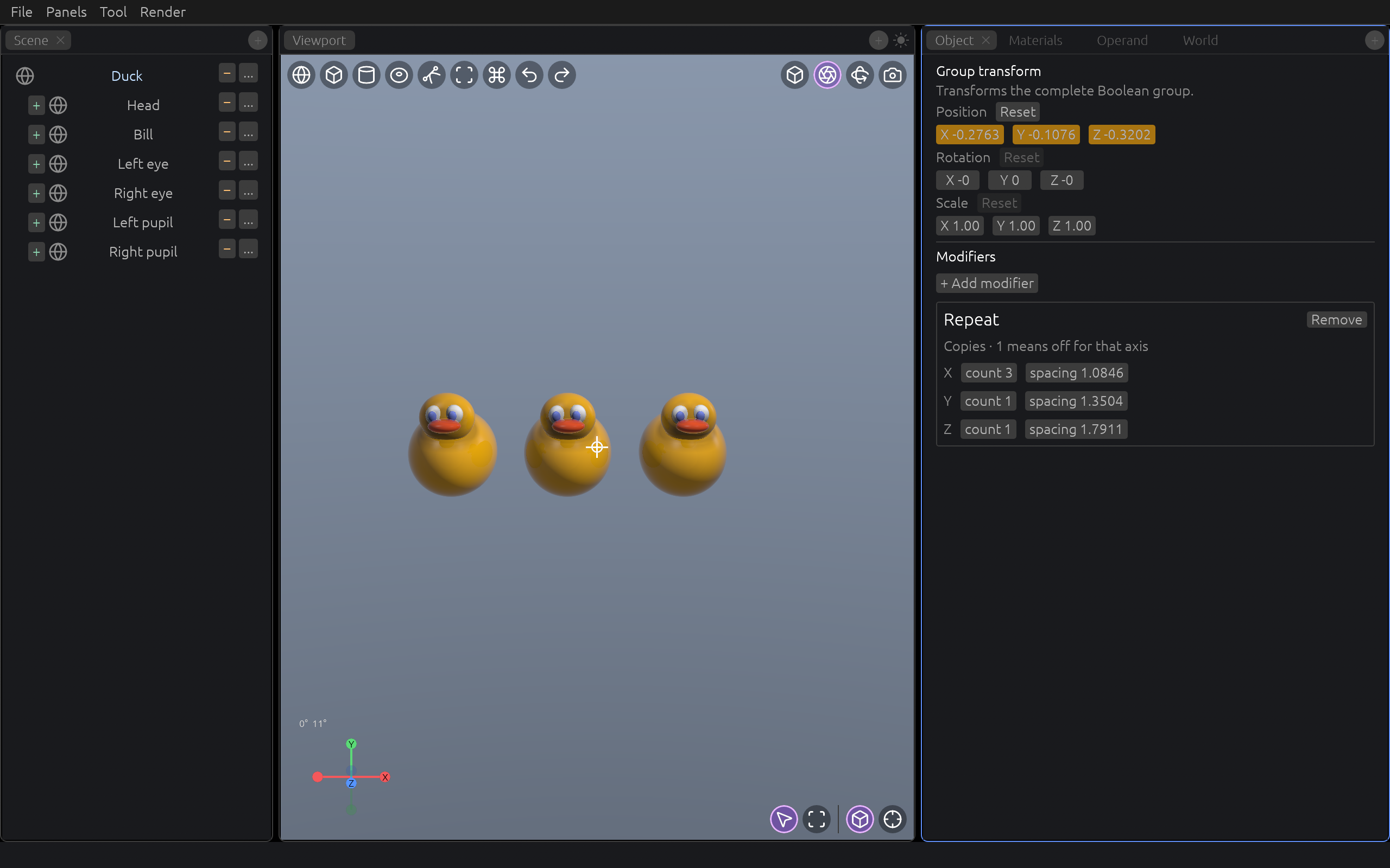A repeated Boolean group in the viewport with X, Y, and Z count and spacing controls in the Object tab
