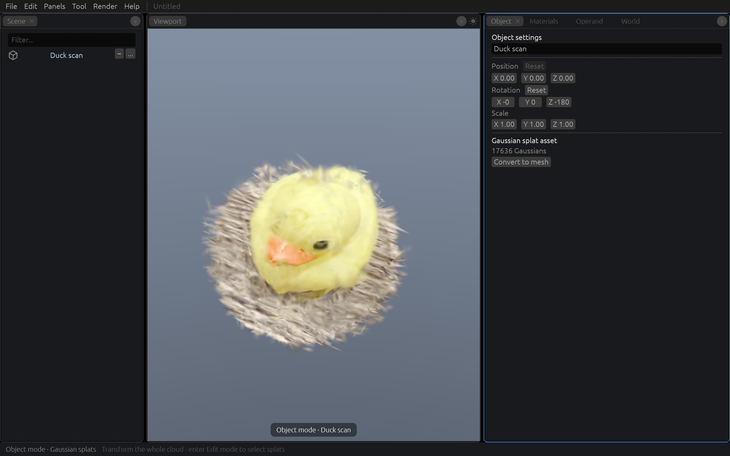 Claydash screenshot showing a selected duck scan and surrounding mat splats in Object mode